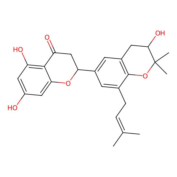 2D Structure of (2S)-5,7-dihydroxy-2-[(3S)-3-hydroxy-2,2-dimethyl-8-(3-methylbut-2-enyl)-3,4-dihydrochromen-6-yl]-2,3-dihydrochromen-4-one