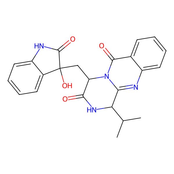 2D Structure of 4-[(3-hydroxy-2-oxo-1H-indol-3-yl)methyl]-1-propan-2-yl-2,4-dihydro-1H-pyrazino[2,1-b]quinazoline-3,6-dione
