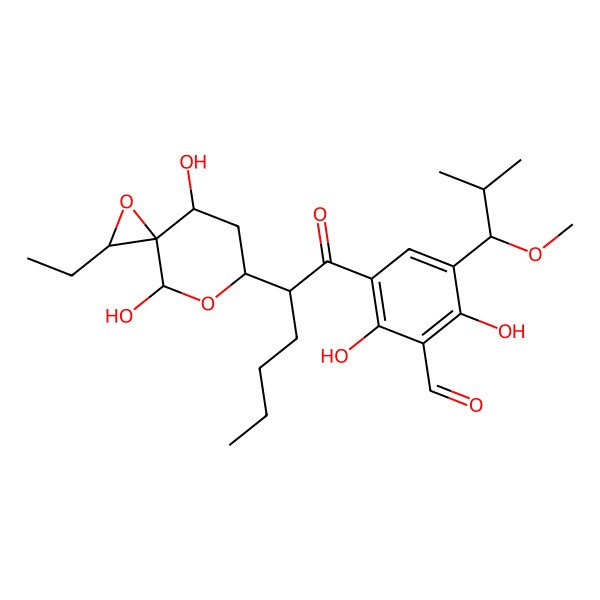 2D Structure of 3-[2-(2-Ethyl-4,8-dihydroxy-1,7-dioxaspiro[2.5]octan-6-yl)hexanoyl]-2,6-dihydroxy-5-(1-methoxy-2-methylpropyl)benzaldehyde