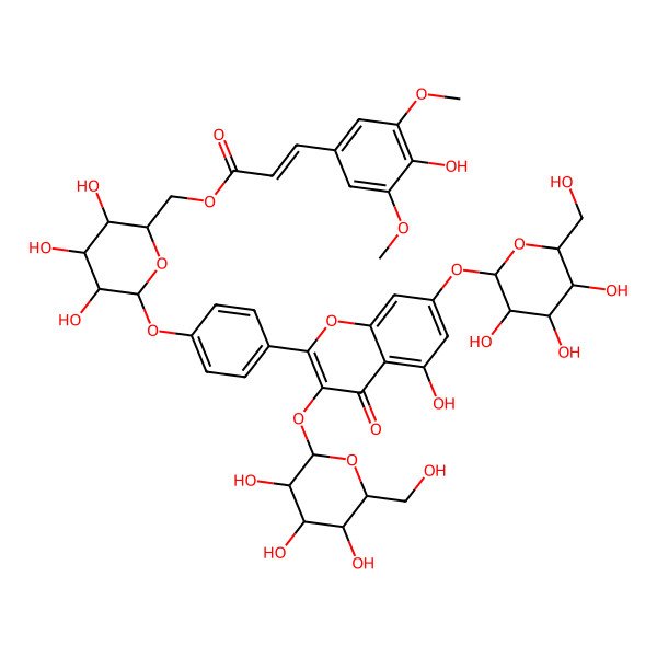 2D Structure of [(2R,3S,4S,5R,6S)-3,4,5-trihydroxy-6-[4-[5-hydroxy-4-oxo-3,7-bis[[(2S,3R,4S,5S,6R)-3,4,5-trihydroxy-6-(hydroxymethyl)oxan-2-yl]oxy]chromen-2-yl]phenoxy]oxan-2-yl]methyl (E)-3-(4-hydroxy-3,5-dimethoxyphenyl)prop-2-enoate