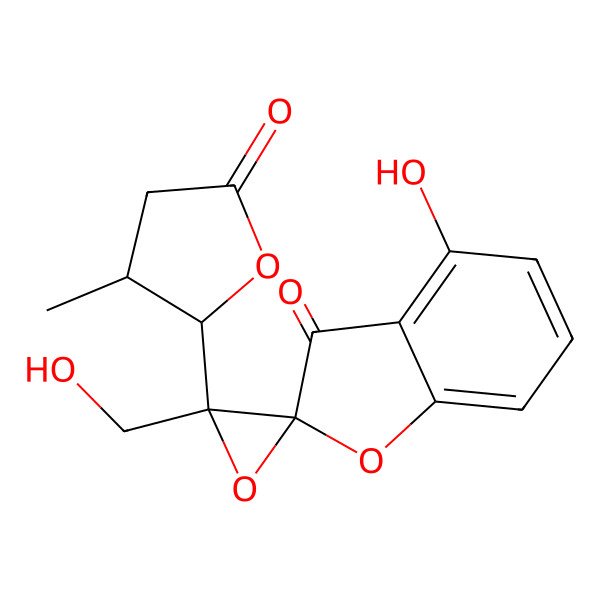 2D Structure of (2R,3'S)-4-hydroxy-3'-(hydroxymethyl)-3'-[(2R,3R)-3-methyl-5-oxooxolan-2-yl]spiro[1-benzofuran-2,2'-oxirane]-3-one