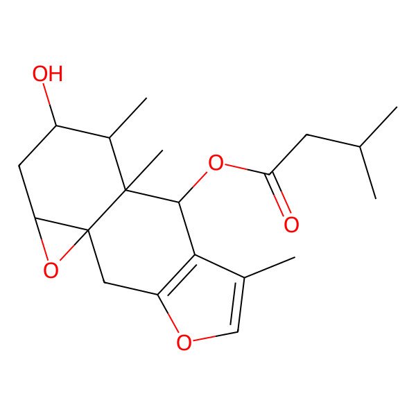 2D Structure of (11-Hydroxy-6,9,10-trimethyl-4,14-dioxatetracyclo[7.5.0.01,13.03,7]tetradeca-3(7),5-dien-8-yl) 3-methylbutanoate