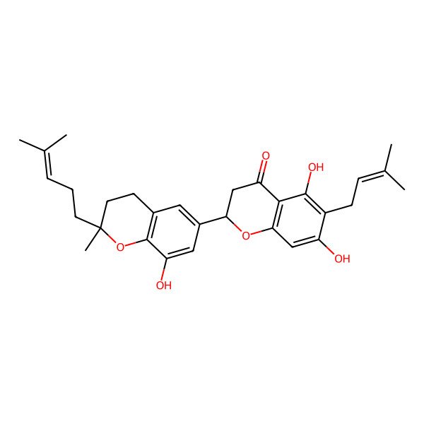 2D Structure of (2S)-5,7-dihydroxy-2-[(2S)-8-hydroxy-2-methyl-2-(4-methylpent-3-enyl)-3,4-dihydrochromen-6-yl]-6-(3-methylbut-2-enyl)-2,3-dihydrochromen-4-one