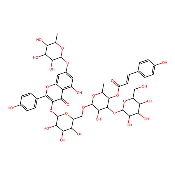 2D Structure of [(2S,3S,4S,5R,6R)-5-hydroxy-2-methyl-6-[[(2R,3R,4S,5R,6S)-3,4,5-trihydroxy-6-[5-hydroxy-2-(4-hydroxyphenyl)-4-oxo-7-[(2S,3R,4R,5R,6S)-3,4,5-trihydroxy-6-methyloxan-2-yl]oxychromen-3-yl]oxyoxan-2-yl]methoxy]-4-[(2S,3R,4S,5S,6R)-3,4,5-trihydroxy-6-(hydroxymethyl)oxan-2-yl]oxyoxan-3-yl] (E)-3-(4-hydroxyphenyl)prop-2-enoate