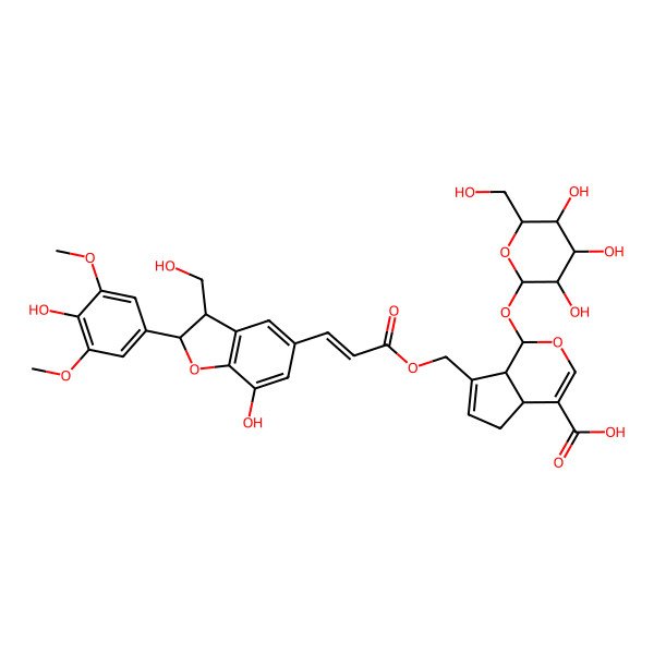 2D Structure of 7-[3-[7-Hydroxy-2-(4-hydroxy-3,5-dimethoxyphenyl)-3-(hydroxymethyl)-2,3-dihydro-1-benzofuran-5-yl]prop-2-enoyloxymethyl]-1-[3,4,5-trihydroxy-6-(hydroxymethyl)oxan-2-yl]oxy-1,4a,5,7a-tetrahydrocyclopenta[c]pyran-4-carboxylic acid