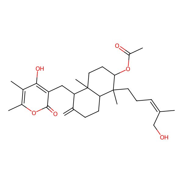 2D Structure of [5-[(4-hydroxy-5,6-dimethyl-2-oxopyran-3-yl)methyl]-1-(5-hydroxy-4-methylpent-3-enyl)-1,4a-dimethyl-6-methylidene-3,4,5,7,8,8a-hexahydro-2H-naphthalen-2-yl] acetate