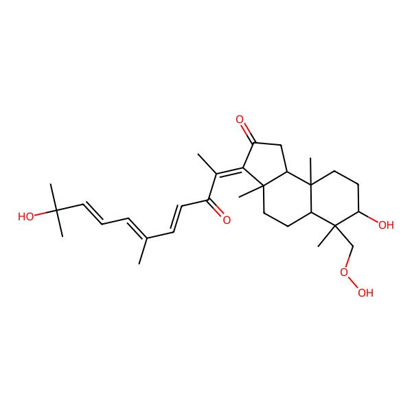 2D Structure of (3Z,3aS,5aR,6S,7R,9aR,9bS)-6-(hydroperoxymethyl)-7-hydroxy-3-[(4E,6E,8E)-10-hydroxy-6,10-dimethyl-3-oxoundeca-4,6,8-trien-2-ylidene]-3a,6,9a-trimethyl-1,4,5,5a,7,8,9,9b-octahydrocyclopenta[a]naphthalen-2-one