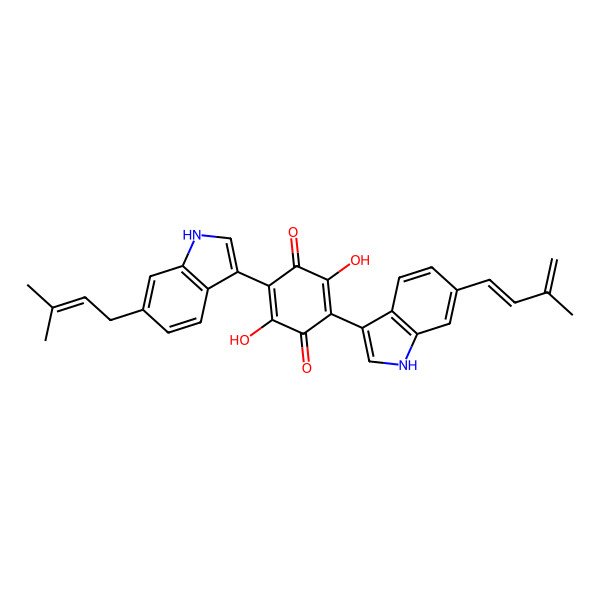 2D Structure of 2,5-dihydroxy-3-[6-(3-methylbuta-1,3-dienyl)-1H-indol-3-yl]-6-[6-(3-methylbut-2-enyl)-1H-indol-3-yl]cyclohexa-2,5-diene-1,4-dione