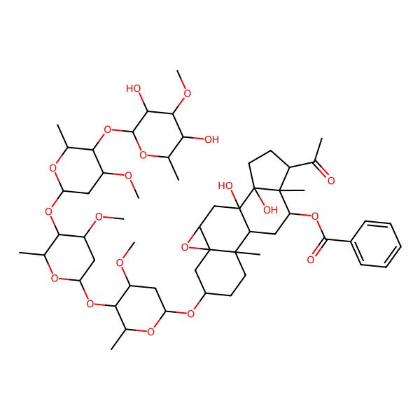 2D Structure of [(1R,2R,5S,7R,9S,11S,12R,15R,16S,17R)-15-acetyl-5-[(2R,4S,5R,6R)-5-[(2S,4S,5R,6R)-5-[(2S,4S,5R,6R)-5-[(2S,3R,4S,5R,6R)-3,5-dihydroxy-4-methoxy-6-methyloxan-2-yl]oxy-4-methoxy-6-methyloxan-2-yl]oxy-4-methoxy-6-methyloxan-2-yl]oxy-4-methoxy-6-methyloxan-2-yl]oxy-11,12-dihydroxy-2,16-dimethyl-8-oxapentacyclo[9.7.0.02,7.07,9.012,16]octadecan-17-yl] benzoate