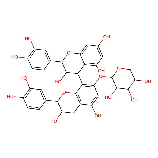 2D Structure of 2-(3,4-dihydroxyphenyl)-4-[2-(3,4-dihydroxyphenyl)-3,5-dihydroxy-7-(3,4,5-trihydroxyoxan-2-yl)oxy-3,4-dihydro-2H-chromen-8-yl]-3,4-dihydro-2H-chromene-3,5,7-triol