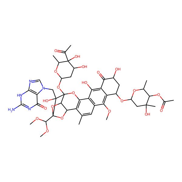 2D Structure of [(3R,6R)-6-[[(1S,17S,18S,19R,21S)-17-[(2S,5S)-5-acetyl-4,5-dihydroxy-6-methyloxan-2-yl]oxy-18-[(2-amino-6-oxo-3H-purin-7-yl)methyl]-19-(dimethoxymethyl)-10,13,18-trihydroxy-6-methoxy-3-methyl-11-oxo-16,20,22-trioxahexacyclo[17.2.1.02,15.05,14.07,12.017,21]docosa-2(15),3,5(14),6,12-pentaen-8-yl]oxy]-4-hydroxy-2,4-dimethyloxan-3-yl] acetate