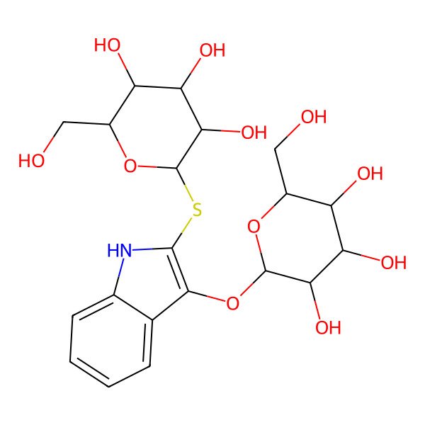 2D Structure of 2-(hydroxymethyl)-6-[[2-[3,4,5-trihydroxy-6-(hydroxymethyl)oxan-2-yl]sulfanyl-1H-indol-3-yl]oxy]oxane-3,4,5-triol