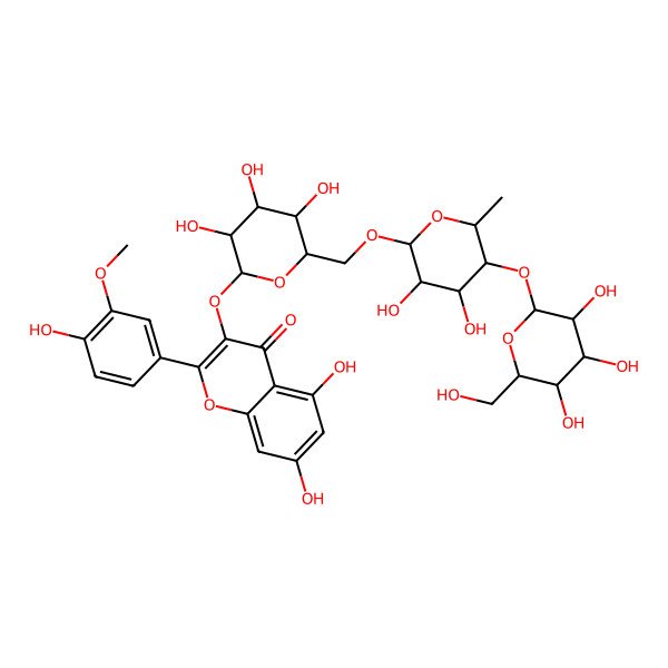 2D Structure of 3-[(2S,3S,4R,5S,6S)-6-[[(2R,3R,4R,5R,6S)-3,4-dihydroxy-6-methyl-5-[(2S,3R,4S,5S,6R)-3,4,5-trihydroxy-6-(hydroxymethyl)oxan-2-yl]oxyoxan-2-yl]oxymethyl]-3,4,5-trihydroxyoxan-2-yl]oxy-5,7-dihydroxy-2-(4-hydroxy-3-methoxyphenyl)chromen-4-one