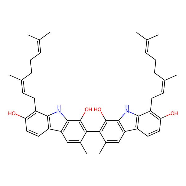 2D Structure of 8-(3,7-dimethylocta-2,6-dienyl)-2-[8-(3,7-dimethylocta-2,6-dienyl)-1,7-dihydroxy-3-methyl-9H-carbazol-2-yl]-3-methyl-9H-carbazole-1,7-diol