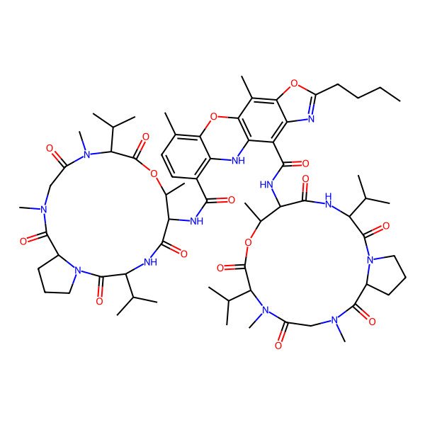 2D Structure of 2-butyl-9,11-dimethyl-4-N,6-N-bis[7,11,14-trimethyl-2,5,9,12,15-pentaoxo-3,10-di(propan-2-yl)-8-oxa-1,4,11,14-tetrazabicyclo[14.3.0]nonadecan-6-yl]-5H-[1,3]oxazolo[4,5-b]phenoxazine-4,6-dicarboxamide