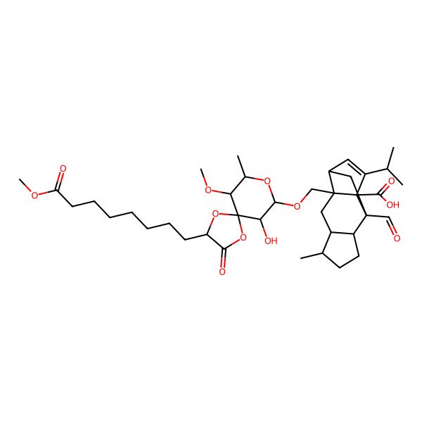 2D Structure of 9-Formyl-2-[[10-hydroxy-6-methoxy-2-(8-methoxy-8-oxooctyl)-7-methyl-3-oxo-1,4,8-trioxaspiro[4.5]decan-9-yl]oxymethyl]-5-methyl-13-propan-2-yltetracyclo[7.4.0.02,11.04,8]tridec-12-ene-1-carboxylic acid