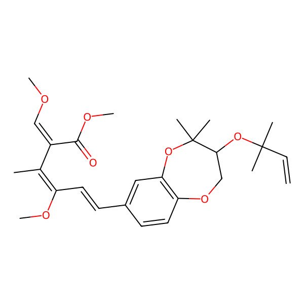 2D Structure of methyl (2E,3E,5E)-6-[(3S)-4,4-dimethyl-3-(2-methylbut-3-en-2-yloxy)-2,3-dihydro-1,5-benzodioxepin-7-yl]-4-methoxy-2-(methoxymethylidene)-3-methylhexa-3,5-dienoate