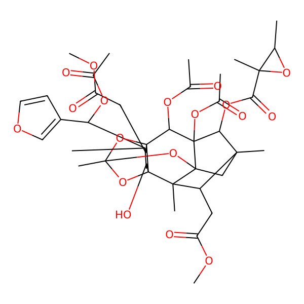 2D Structure of [(1S,2R,3R,4R,5S,6R,7S,8S,10S,12S,13S,15S,16R)-2,3-diacetyloxy-15-[(R)-acetyloxy(furan-3-yl)methyl]-13-hydroxy-6,16-bis(2-methoxy-2-oxoethyl)-5,7,10,15-tetramethyl-9,11,17-trioxahexacyclo[8.6.1.15,8.01,12.03,8.07,12]octadecan-4-yl] (2S,3S)-2,3-dimethyloxirane-2-carboxylate