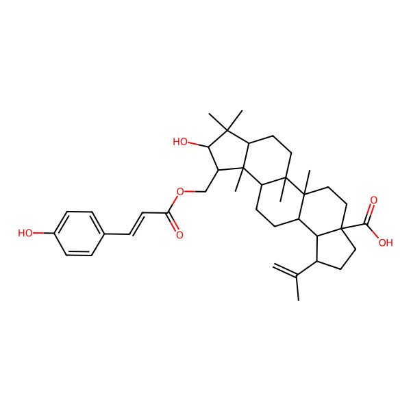 2D Structure of (1R,2R,5S,8R,9R,10R,13R,14R,15R,16R,18R)-16-hydroxy-15-[[(E)-3-(4-hydroxyphenyl)prop-2-enoyl]oxymethyl]-1,2,14,17,17-pentamethyl-8-prop-1-en-2-ylpentacyclo[11.7.0.02,10.05,9.014,18]icosane-5-carboxylic acid