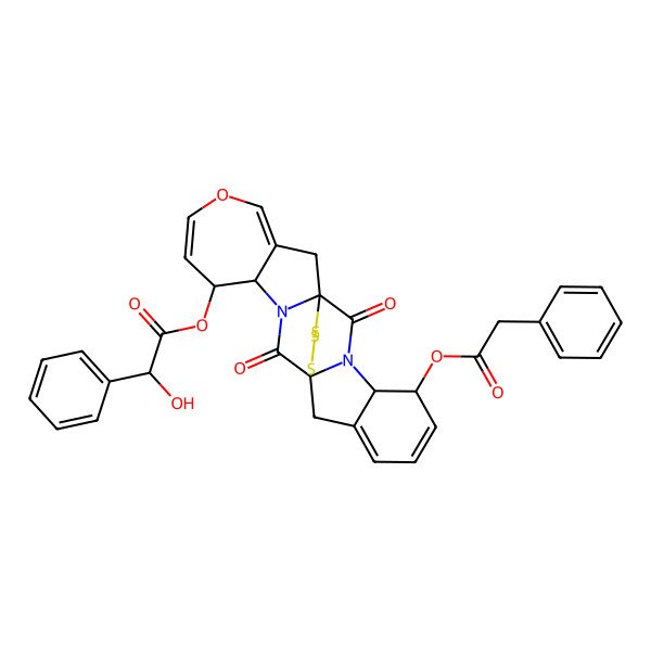 2D Structure of [(1R,4S,5S,12R,15S,16S)-2,13-Dioxo-16-(2-phenylacetyl)oxy-8-oxa-22,23,24-trithia-3,14-diazahexacyclo[10.9.3.01,14.03,12.04,10.015,20]tetracosa-6,9,17,19-tetraen-5-yl] (2R)-2-hydroxy-2-phenylacetate