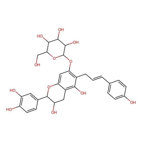 2D Structure of (2S,3R,4S,5S,6R)-2-[[(2R,3S)-2-(3,4-dihydroxyphenyl)-3,5-dihydroxy-6-[(E)-3-(4-hydroxyphenyl)prop-2-enyl]-3,4-dihydro-2H-chromen-7-yl]oxy]-6-(hydroxymethyl)oxane-3,4,5-triol