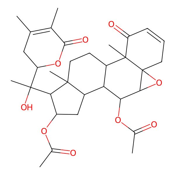2D Structure of [10-Acetyloxy-15-[1-(4,5-dimethyl-6-oxo-2,3-dihydropyran-2-yl)-1-hydroxyethyl]-2,16-dimethyl-3-oxo-8-oxapentacyclo[9.7.0.02,7.07,9.012,16]octadec-4-en-14-yl] acetate