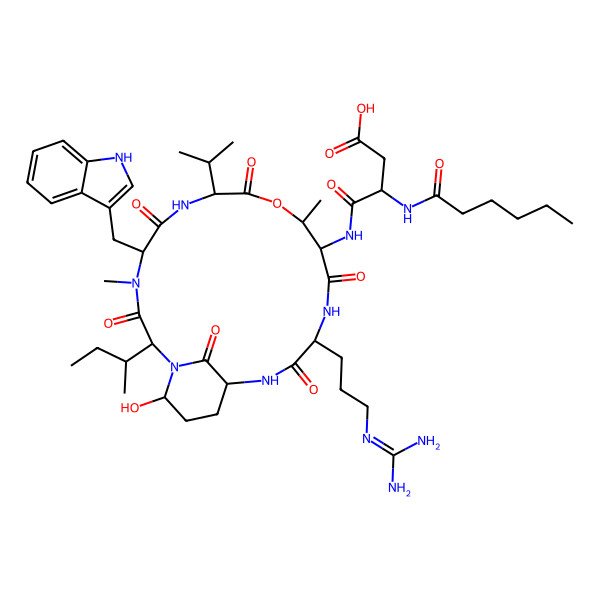 2D Structure of 4-[[2-butan-2-yl-15-[3-(diaminomethylideneamino)propyl]-21-hydroxy-5-(1H-indol-3-ylmethyl)-4,11-dimethyl-3,6,9,13,16,22-hexaoxo-8-propan-2-yl-10-oxa-1,4,7,14,17-pentazabicyclo[16.3.1]docosan-12-yl]amino]-3-(hexanoylamino)-4-oxobutanoic acid