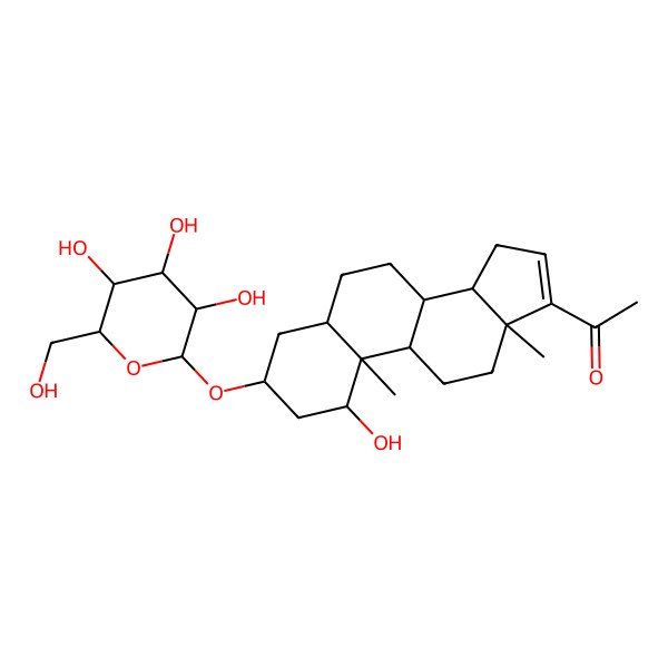 2D Structure of 1-[1-hydroxy-10,13-dimethyl-3-[3,4,5-trihydroxy-6-(hydroxymethyl)oxan-2-yl]oxy-2,3,4,5,6,7,8,9,11,12,14,15-dodecahydro-1H-cyclopenta[a]phenanthren-17-yl]ethanone