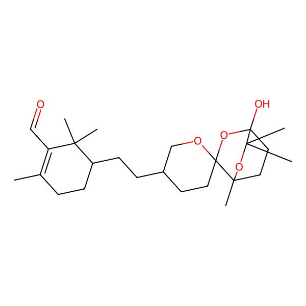 2D Structure of 5-[2-(1-Hydroxy-4,6,6-trimethylspiro[2,5-dioxabicyclo[2.2.2]octane-3,6'-oxane]-3'-yl)ethyl]-2,6,6-trimethylcyclohexene-1-carbaldehyde