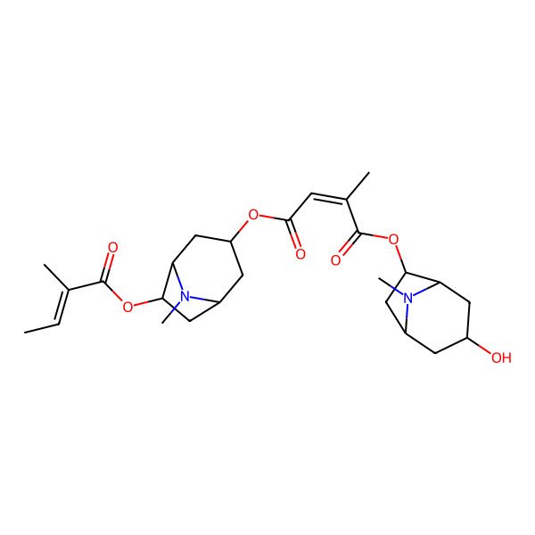 2D Structure of 1-O-[(1S,3S,5R,6S)-3-hydroxy-8-methyl-8-azabicyclo[3.2.1]octan-6-yl] 4-O-[(1R,3R,5S,6R)-8-methyl-6-[(Z)-2-methylbut-2-enoyl]oxy-8-azabicyclo[3.2.1]octan-3-yl] (E)-2-methylbut-2-enedioate