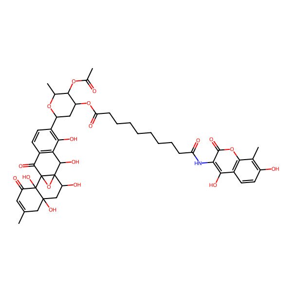 2D Structure of [(2R,3R,4R,6R)-3-acetyloxy-2-methyl-6-[(1S,2R,7R,9S,10S,11S)-2,7,9,11,13-pentahydroxy-5-methyl-3,18-dioxo-19-oxapentacyclo[8.8.1.01,10.02,7.012,17]nonadeca-4,12(17),13,15-tetraen-14-yl]oxan-4-yl] 10-[(4,7-dihydroxy-8-methyl-2-oxochromen-3-yl)amino]-10-oxodecanoate