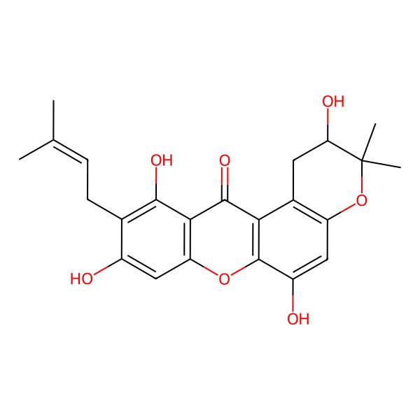 2D Structure of (2S)-2,6,9,11-tetrahydroxy-3,3-dimethyl-10-(3-methylbut-2-enyl)-1,2-dihydropyrano[3,2-a]xanthen-12-one