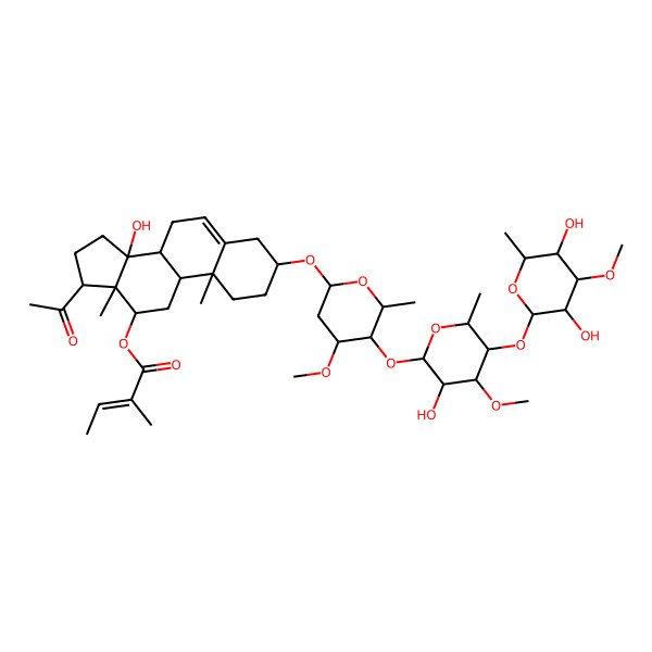 2D Structure of [17-Acetyl-3-[5-[5-(3,5-dihydroxy-4-methoxy-6-methyloxan-2-yl)oxy-3-hydroxy-4-methoxy-6-methyloxan-2-yl]oxy-4-methoxy-6-methyloxan-2-yl]oxy-14-hydroxy-10,13-dimethyl-1,2,3,4,7,8,9,11,12,15,16,17-dodecahydrocyclopenta[a]phenanthren-12-yl] 2-methylbut-2-enoate