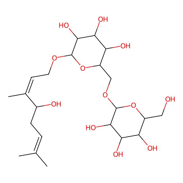 2D Structure of (2R,3S,4S,5R,6S)-2-(hydroxymethyl)-6-[[(2R,3S,4S,5R,6R)-3,4,5-trihydroxy-6-[(2E,4R)-4-hydroxy-3,7-dimethylocta-2,6-dienoxy]oxan-2-yl]methoxy]oxane-3,4,5-triol