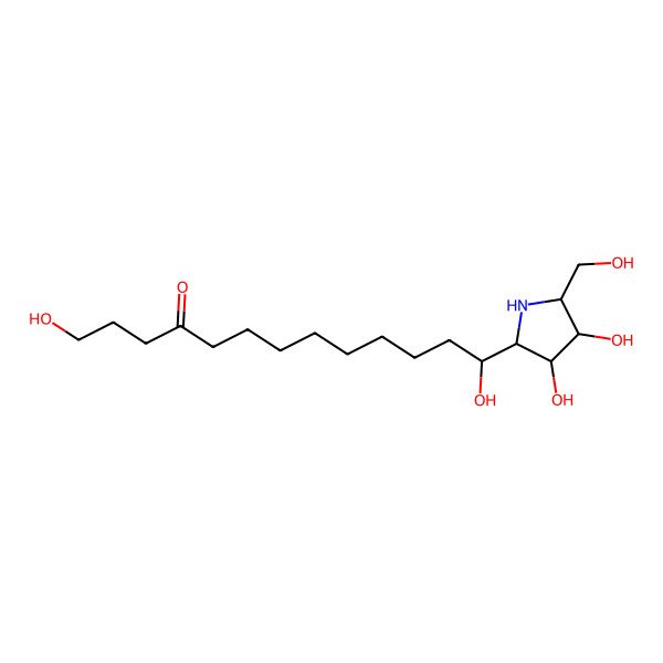 2D Structure of 4-Tridecanone, 13-((2R,3R,4R,5R)-3,4-dihydroxy-5-(hydroxymethyl)-2-pyrrolidinyl)-1,13-dihydroxy-, (13R)-