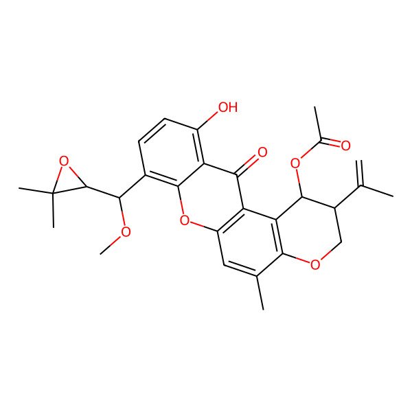 2D Structure of [8-[(3,3-dimethyloxiran-2-yl)-methoxymethyl]-11-hydroxy-5-methyl-12-oxo-2-prop-1-en-2-yl-2,3-dihydro-1H-pyrano[3,2-a]xanthen-1-yl] acetate