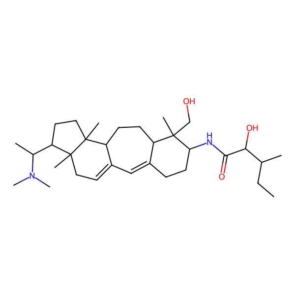 2D Structure of (2S,3S)-N-[(6S,7S,8R,11R,12S,15S,16R)-15-[(1S)-1-(dimethylamino)ethyl]-7-(hydroxymethyl)-7,12,16-trimethyl-6-tetracyclo[9.7.0.03,8.012,16]octadeca-1(18),2-dienyl]-2-hydroxy-3-methylpentanamide
