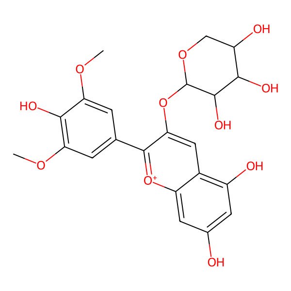 2D Structure of (2S,3S,4R,5S)-2-[5,7-dihydroxy-2-(4-hydroxy-3,5-dimethoxyphenyl)chromenylium-3-yl]oxyoxane-3,4,5-triol
