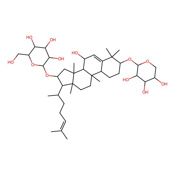 2D Structure of (2S,3R,4R,5R,6S)-2-(hydroxymethyl)-6-[[(3S,7S,8R,9S,10R,13R,14S,16S,17R)-7-hydroxy-4,4,9,13,14-pentamethyl-17-[(2R)-6-methylhept-5-en-2-yl]-3-[(2S,3S,4S,5S)-3,4,5-trihydroxyoxan-2-yl]oxy-2,3,7,8,10,11,12,15,16,17-decahydro-1H-cyclopenta[a]phenanthren-16-yl]oxy]oxane-3,4,5-triol