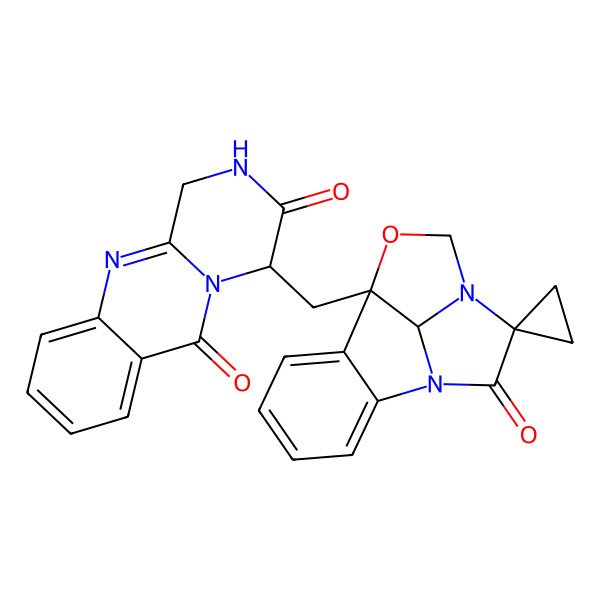 2D Structure of 4-[(13-oxospiro[9-oxa-1,11-diazatetracyclo[6.5.1.02,7.011,14]tetradeca-2,4,6-triene-12,1'-cyclopropane]-8-yl)methyl]-2,4-dihydro-1H-pyrazino[2,1-b]quinazoline-3,6-dione