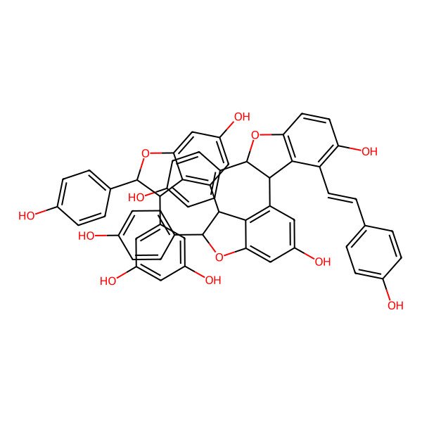 2D Structure of 5-[(2R,3R)-6-hydroxy-4-[(2S,3R)-6-hydroxy-4-[(2S,3R)-5-hydroxy-2-(4-hydroxyphenyl)-4-[(E)-2-(4-hydroxyphenyl)ethenyl]-2,3-dihydro-1-benzofuran-3-yl]-2-(4-hydroxyphenyl)-2,3-dihydro-1-benzofuran-3-yl]-2-(4-hydroxyphenyl)-2,3-dihydro-1-benzofuran-3-yl]benzene-1,3-diol