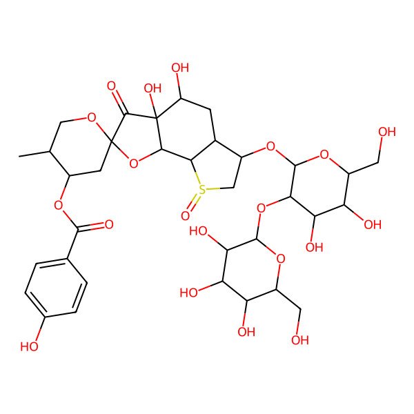 2D Structure of [6-[4,5-dihydroxy-6-(hydroxymethyl)-3-[3,4,5-trihydroxy-6-(hydroxymethyl)oxan-2-yl]oxyoxan-2-yl]oxy-3a,4-dihydroxy-5'-methyl-3,8-dioxospiro[5,5a,6,7,8a,8b-hexahydro-4H-thieno[3,2-g][1]benzofuran-2,2'-oxane]-4'-yl] 4-hydroxybenzoate
