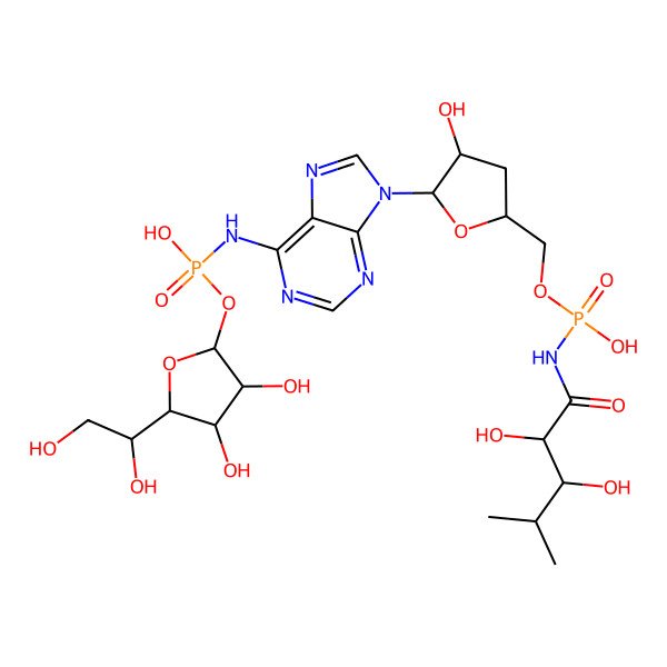 2D Structure of [(3R,4R,5S)-5-[(1R)-1,2-dihydroxyethyl]-3,4-dihydroxyoxolan-2-yl]oxy-N-[9-[(3S,5S)-5-[[[[(2S,3R)-2,3-dihydroxy-4-methylpentanoyl]amino]-hydroxyphosphoryl]oxymethyl]-3-hydroxyoxolan-2-yl]purin-6-yl]phosphonamidic acid