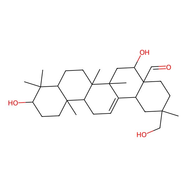 2D Structure of (2S,4aR,5S,6aR,6aS,6bR,8aR,10S,12aR,14bS)-5,10-dihydroxy-2-(hydroxymethyl)-2,6a,6b,9,9,12a-hexamethyl-1,3,4,5,6,6a,7,8,8a,10,11,12,13,14b-tetradecahydropicene-4a-carbaldehyde