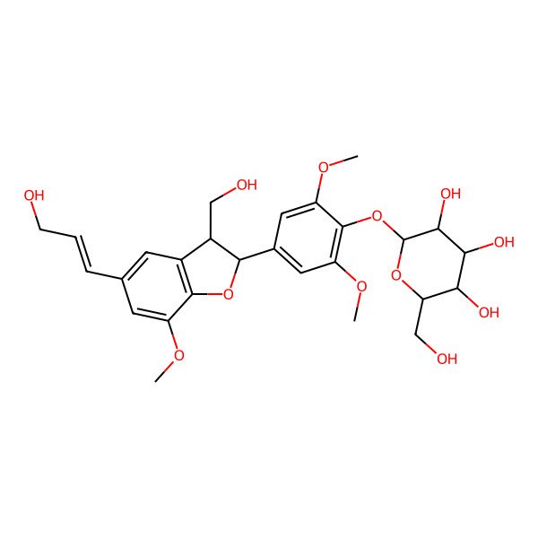 2D Structure of (2R,3S,4S,5R,6S)-2-(hydroxymethyl)-6-[4-[(2S,3R)-3-(hydroxymethyl)-5-[(E)-3-hydroxyprop-1-enyl]-7-methoxy-2,3-dihydro-1-benzofuran-2-yl]-2,6-dimethoxyphenoxy]oxane-3,4,5-triol