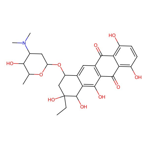 2D Structure of 7-[4-(dimethylamino)-5-hydroxy-6-methyloxan-2-yl]oxy-9-ethyl-1,4,9,10,11-pentahydroxy-8,10-dihydro-7H-tetracene-5,12-dione