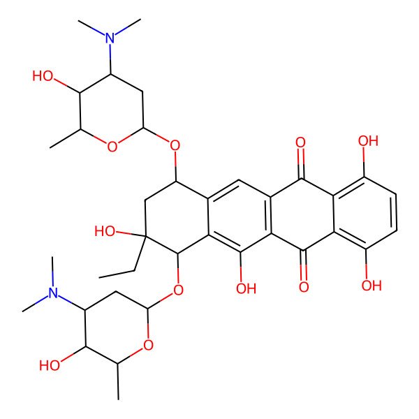 2D Structure of 7,10-bis[[4-(dimethylamino)-5-hydroxy-6-methyloxan-2-yl]oxy]-9-ethyl-1,4,9,11-tetrahydroxy-8,10-dihydro-7H-tetracene-5,12-dione