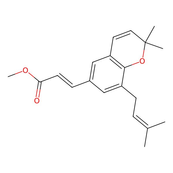 2D Structure of (alphaE)-2,2-Dimethyl-8-(3-methyl-2-butenyl)-2H-1-benzopyran-6-acrylic acid methyl ester 2D Structure of (alphaE)-2,2-Dimethyl-8-(3-methyl-2-butenyl)-2H-1-benzopyran-6-acrylic acid methyl ester