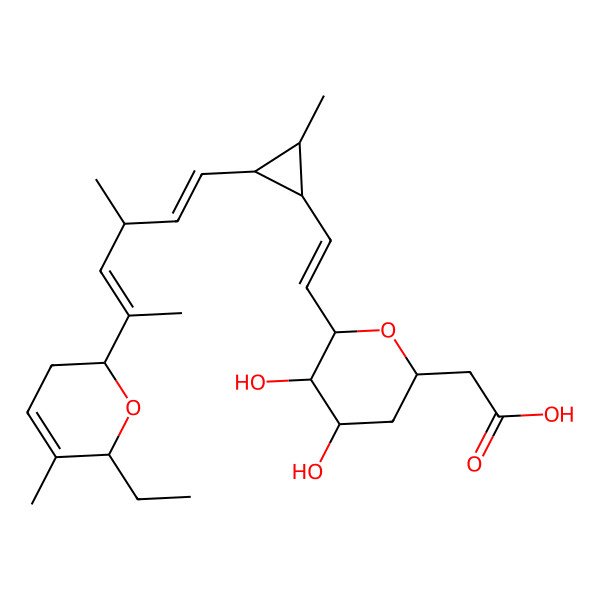 2D Structure of (8E)-3,7-Anhydro-2,4,8,9-tetradeoxy-9-((1S,2S,3R)-2-((1E,3R,4E)-5-((2R,6R)-6-ethyl-3,6-dihydro-5-methyl-2H-pyran-2-yl)-3-methyl-1,4-hexadien-1-yl)-3-methylcyclopropyl)-L-gluco-non-8-enonic acid