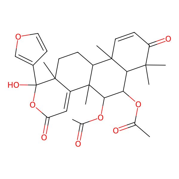2D Structure of [(1R,4bR,5S,6R,6aR,10aR,10bR,12aR)-5-acetyloxy-1-(furan-3-yl)-1-hydroxy-4b,7,7,10a,12a-pentamethyl-3,8-dioxo-5,6,6a,10b,11,12-hexahydronaphtho[2,1-f]isochromen-6-yl] acetate